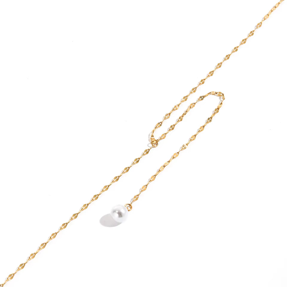 Emanco Elegant 14K Gold Plated Stainless Steel Lip Chain Necklace with Pearl and Diamond Hypoallergenic Y Shape for Women