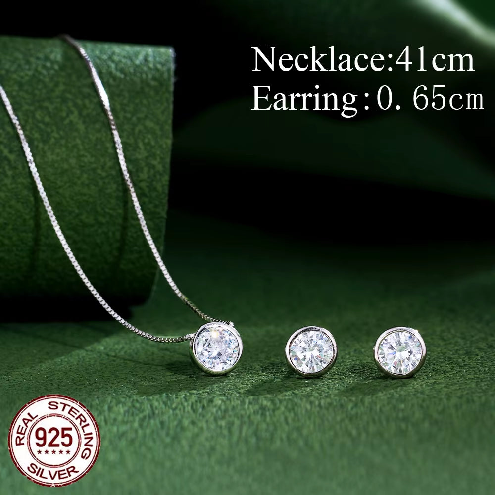 High Quality Beautiful Bezel Setting Cubic Zircon Necklace Earring 925 Sterling Silver Cute Fashion Jewelry Sets for Women Girl