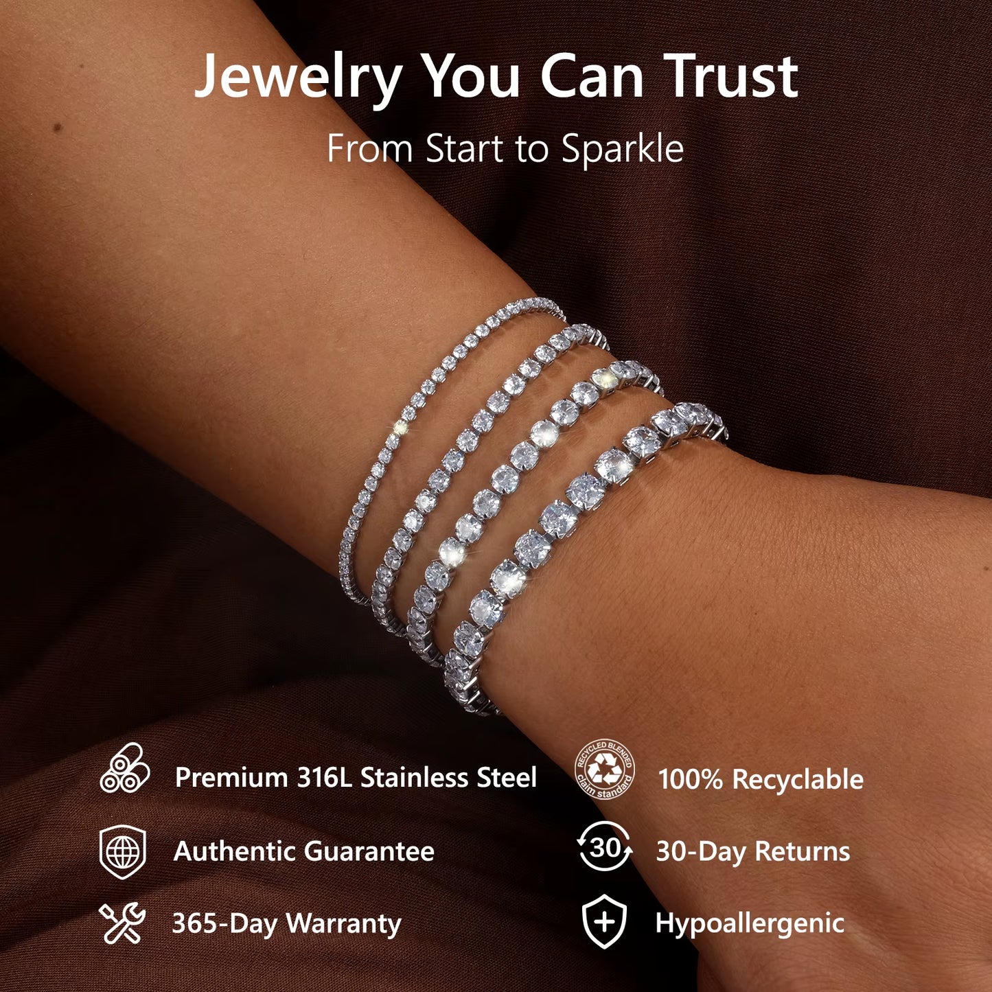 Adjustable Tennis Bracelet Women Teen Girls Jewelry Gift CZ Cubic Zirconia 14K White Gold Plated Hypoallergenic Slider Bracelet