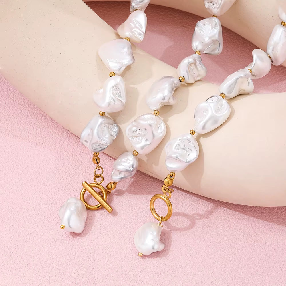 Joolim 18K Pvd Gold Plated Summer Beach Chunky Irregular Big Powder Pearl Stainless Steel Toggle Necklace Bracelet Set