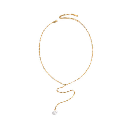 Emanco Elegant 14K Gold Plated Stainless Steel Lip Chain Necklace with Pearl and Diamond Hypoallergenic Y Shape for Women