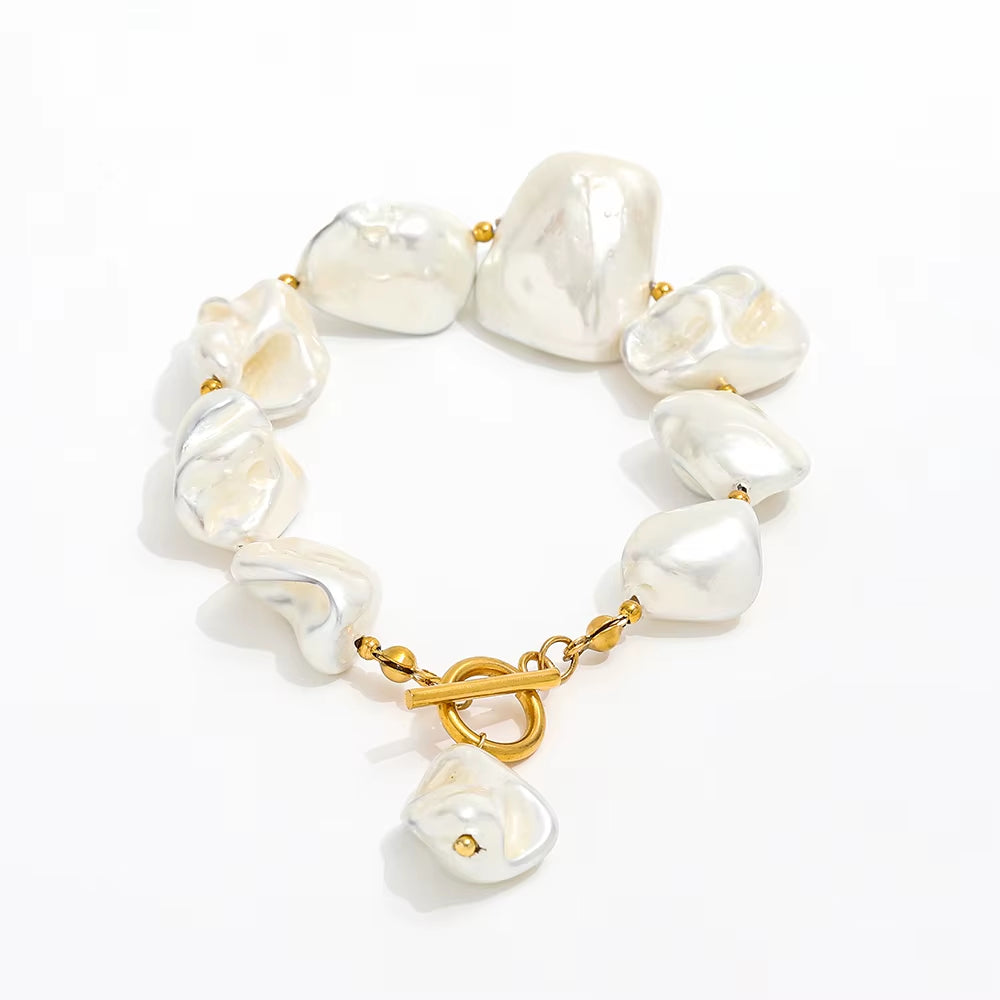 Joolim 18K Pvd Gold Plated Summer Beach Chunky Irregular Big Powder Pearl Stainless Steel Toggle Necklace Bracelet Set