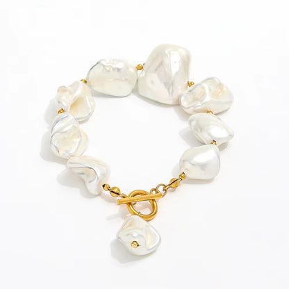 Joolim 18K Pvd Gold Plated Summer Beach Chunky Irregular Big Powder Pearl Stainless Steel Toggle Necklace Bracelet Set