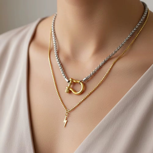 YF3097 Waterproof Jewelry 18K Gold Plated Stainless Steel Box Chain Choker Necklace Double Color Chunky Horseshoe Necklace