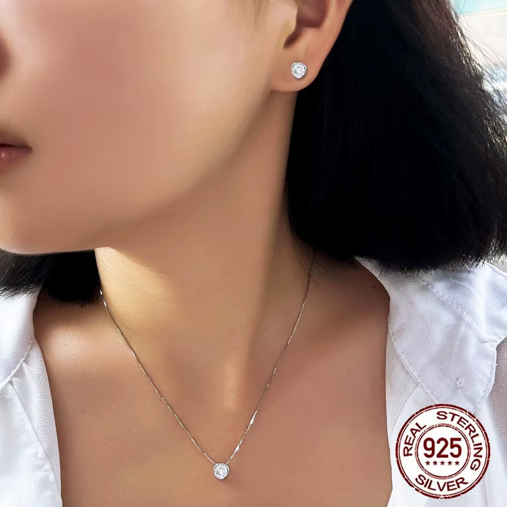 High Quality Beautiful Bezel Setting Cubic Zircon Necklace Earring 925 Sterling Silver Cute Fashion Jewelry Sets for Women Girl