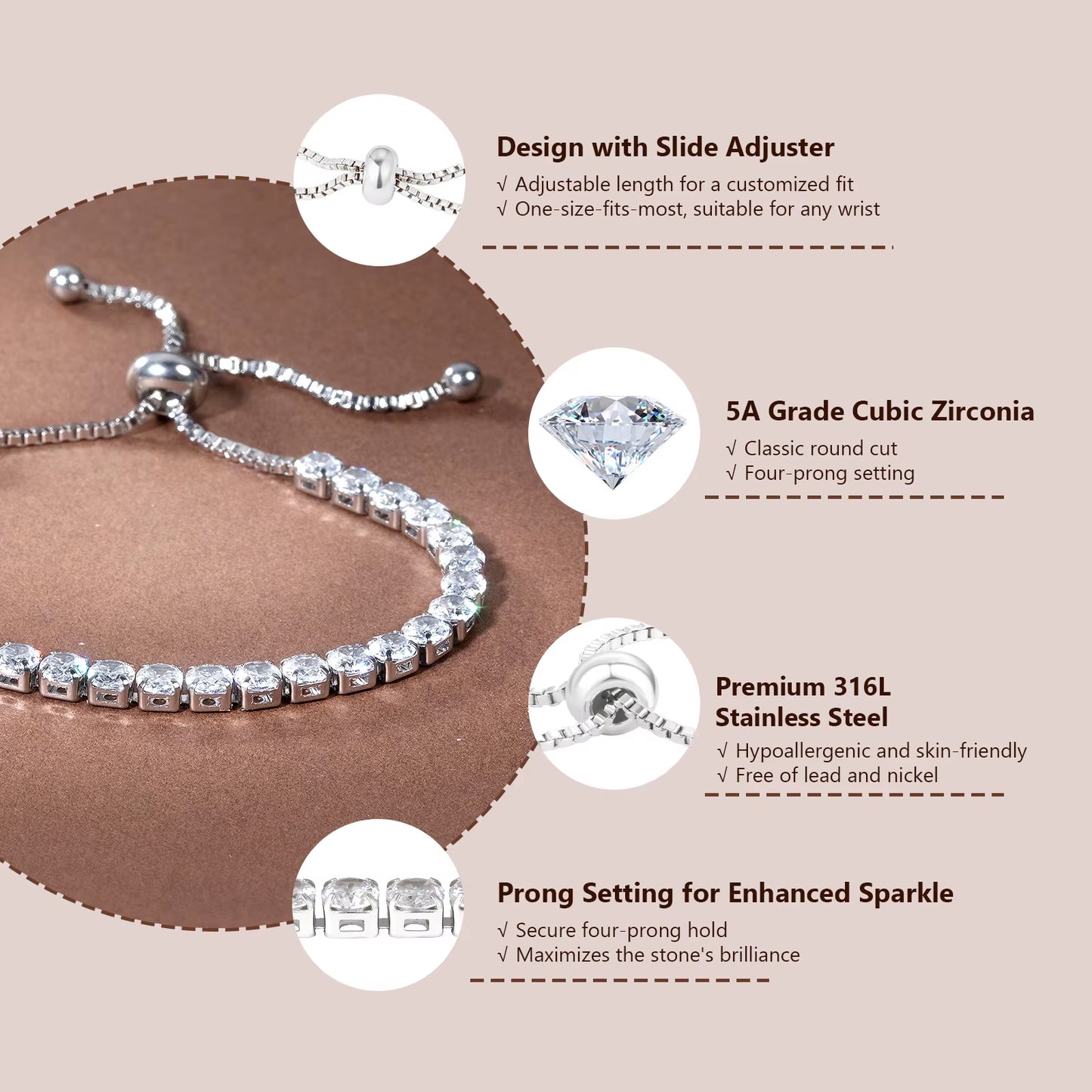 Adjustable Tennis Bracelet Women Teen Girls Jewelry Gift CZ Cubic Zirconia 14K White Gold Plated Hypoallergenic Slider Bracelet