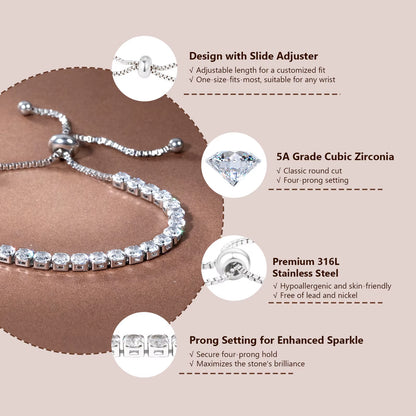 Adjustable Tennis Bracelet Women Teen Girls Jewelry Gift CZ Cubic Zirconia 14K White Gold Plated Hypoallergenic Slider Bracelet