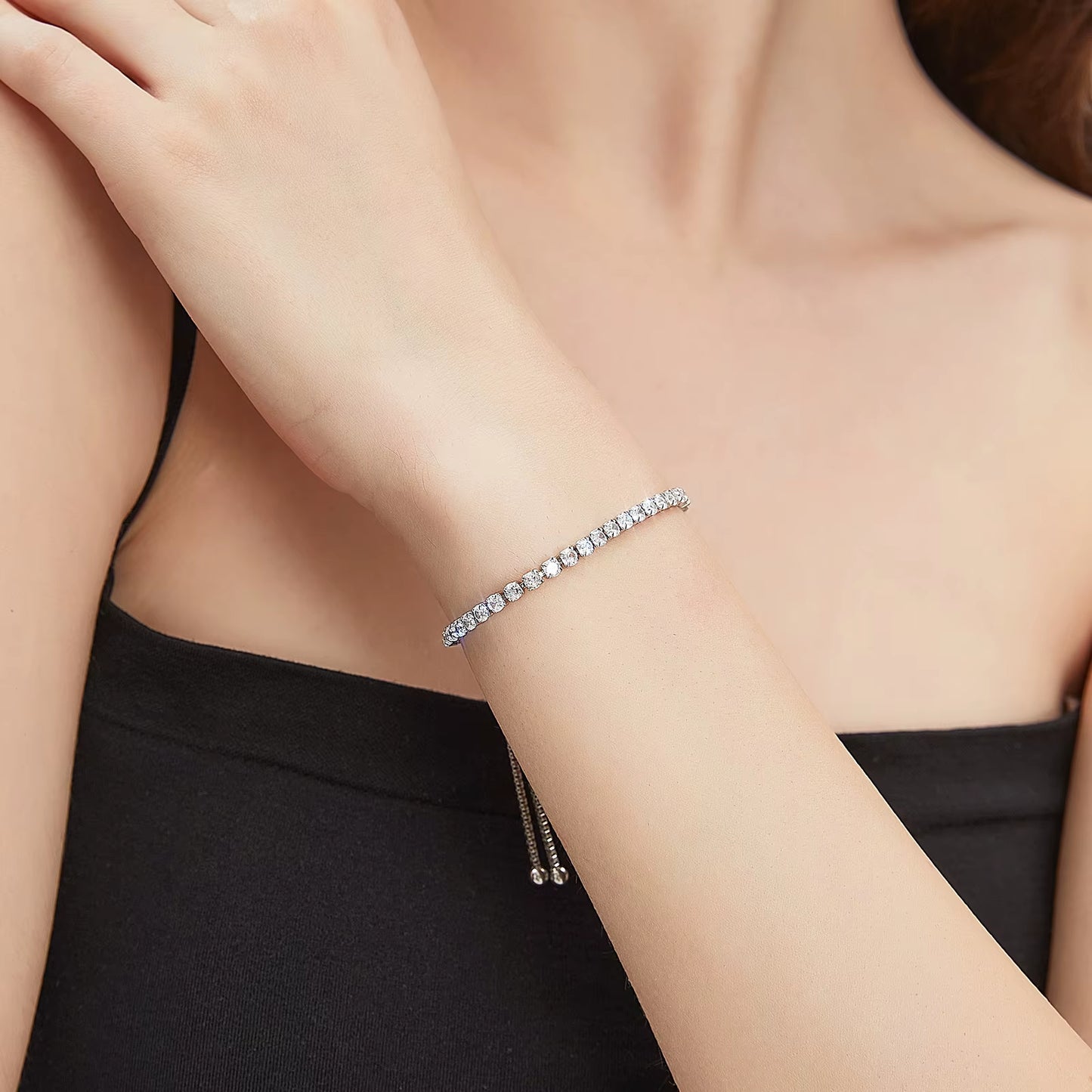 Adjustable Tennis Bracelet Women Teen Girls Jewelry Gift CZ Cubic Zirconia 14K White Gold Plated Hypoallergenic Slider Bracelet