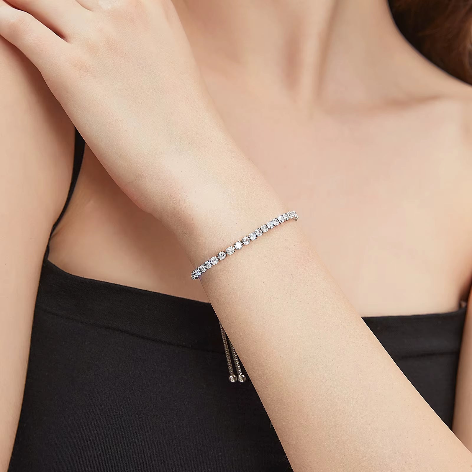 Adjustable Tennis Bracelet Women Teen Girls Jewelry Gift CZ Cubic Zirconia 14K White Gold Plated Hypoallergenic Slider Bracelet