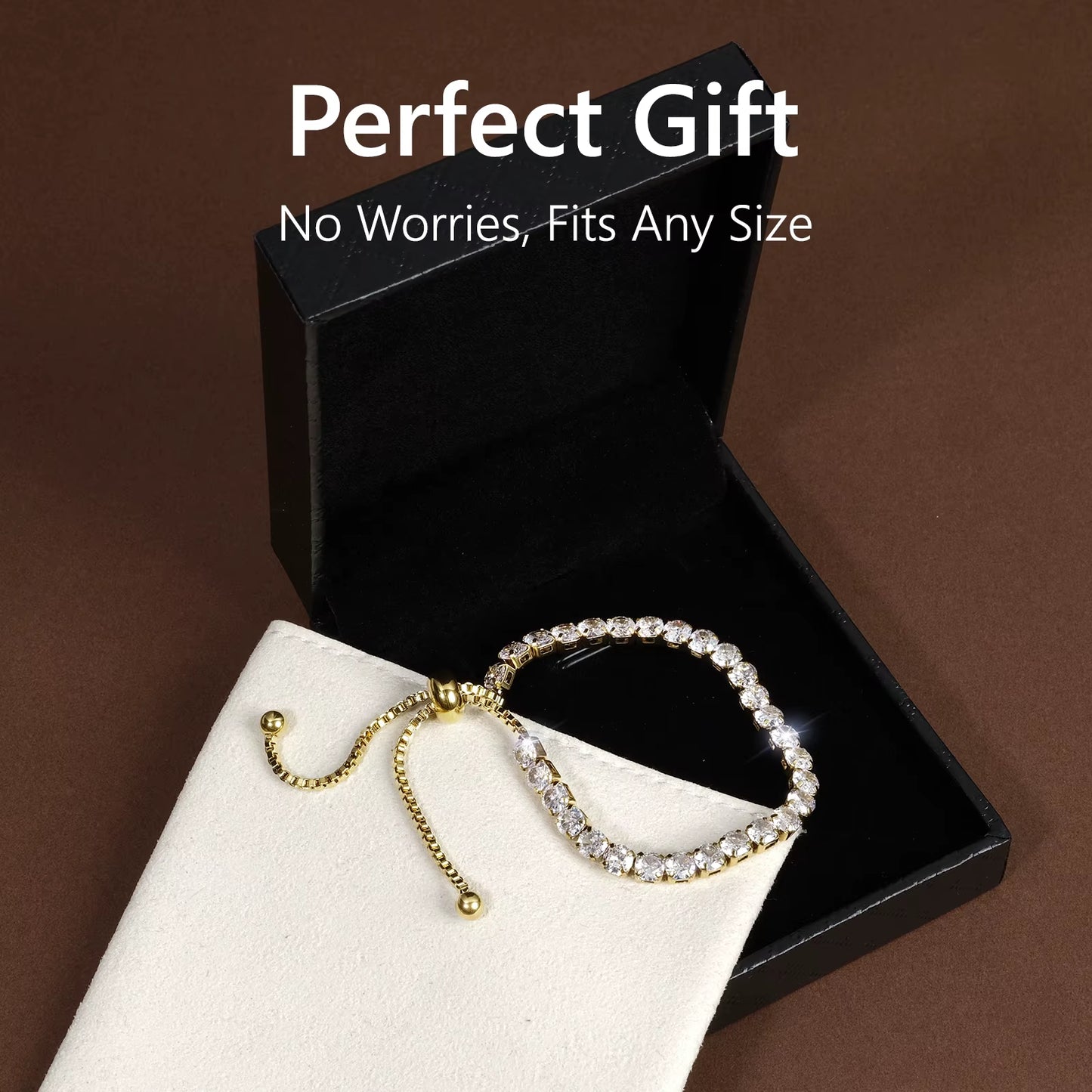 Adjustable Tennis Bracelet Women Teen Girls Jewelry Gift CZ Cubic Zirconia 14K White Gold Plated Hypoallergenic Slider Bracelet