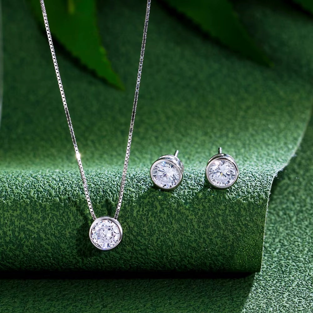 High Quality Beautiful Bezel Setting Cubic Zircon Necklace Earring 925 Sterling Silver Cute Fashion Jewelry Sets for Women Girl