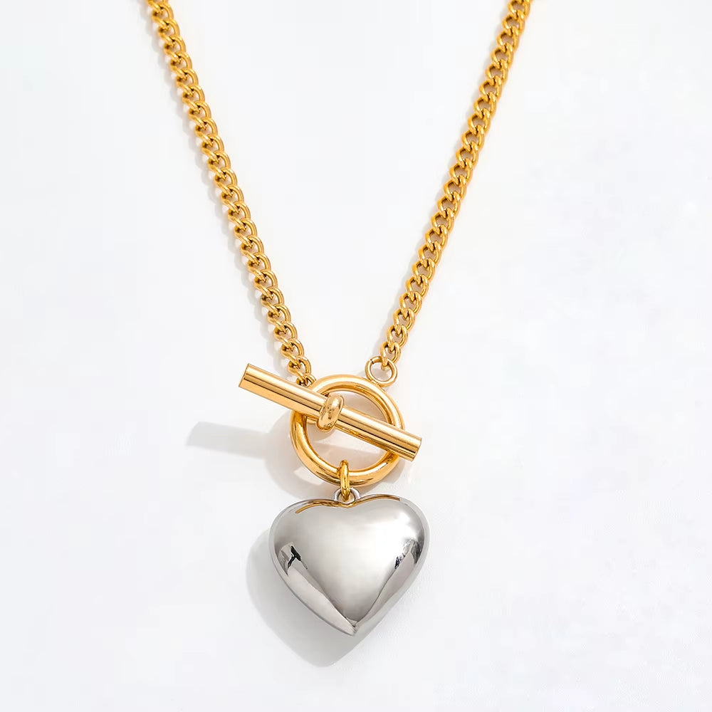 Joolim Jewelry 18K Gold Plated Stainless Steel Two-Tone Cuban Chain Heart Pendant Toggle Necklace Tarnish Free & Waterproof