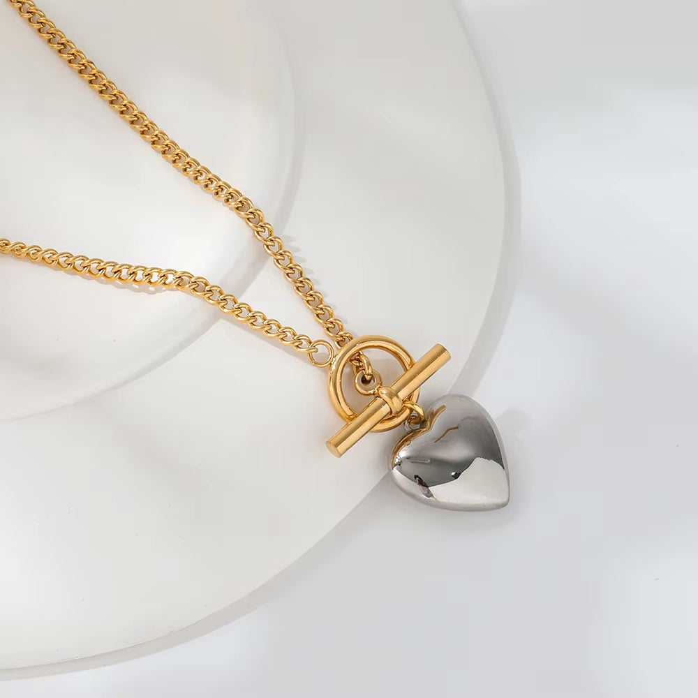 Joolim Jewelry 18K Gold Plated Stainless Steel Two-Tone Cuban Chain Heart Pendant Toggle Necklace Tarnish Free & Waterproof