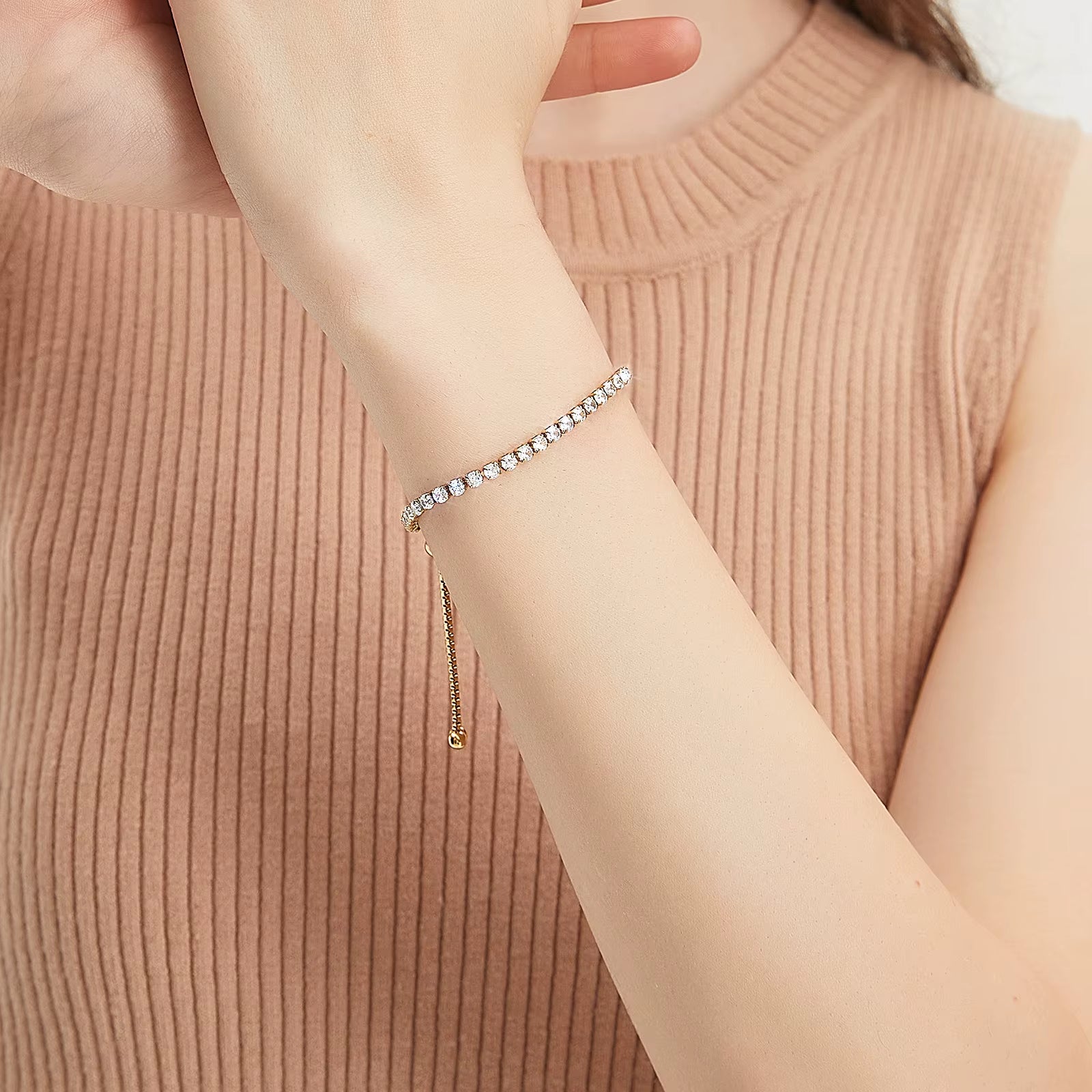 Adjustable Tennis Bracelet Women Teen Girls Jewelry Gift CZ Cubic Zirconia 14K White Gold Plated Hypoallergenic Slider Bracelet