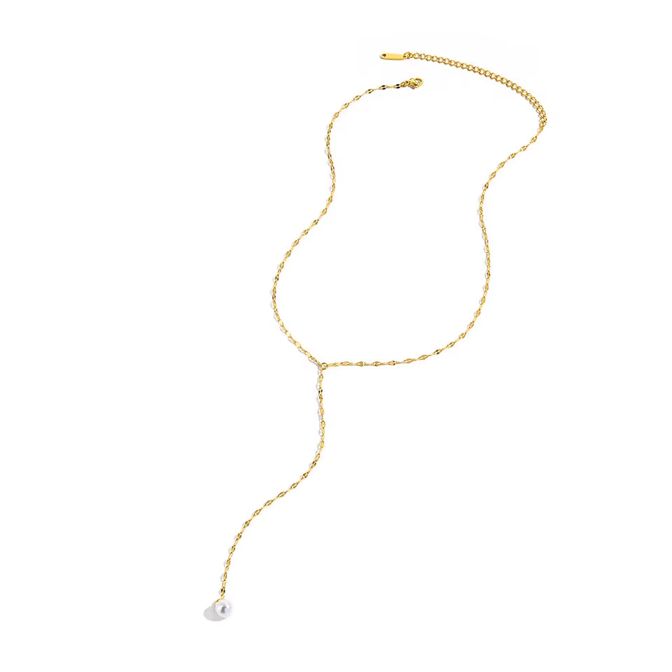 Emanco Elegant 14K Gold Plated Stainless Steel Lip Chain Necklace with Pearl and Diamond Hypoallergenic Y Shape for Women