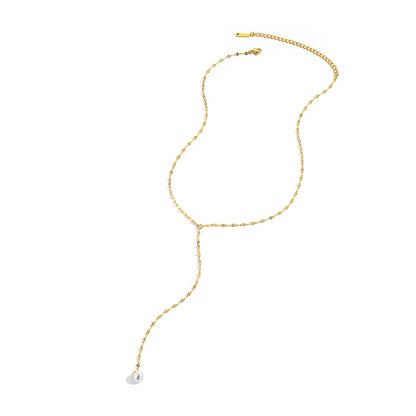 Emanco Elegant 14K Gold Plated Stainless Steel Lip Chain Necklace with Pearl and Diamond Hypoallergenic Y Shape for Women