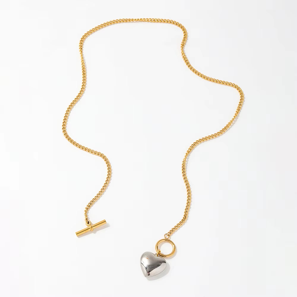 Joolim Jewelry 18K Gold Plated Stainless Steel Two-Tone Cuban Chain Heart Pendant Toggle Necklace Tarnish Free & Waterproof