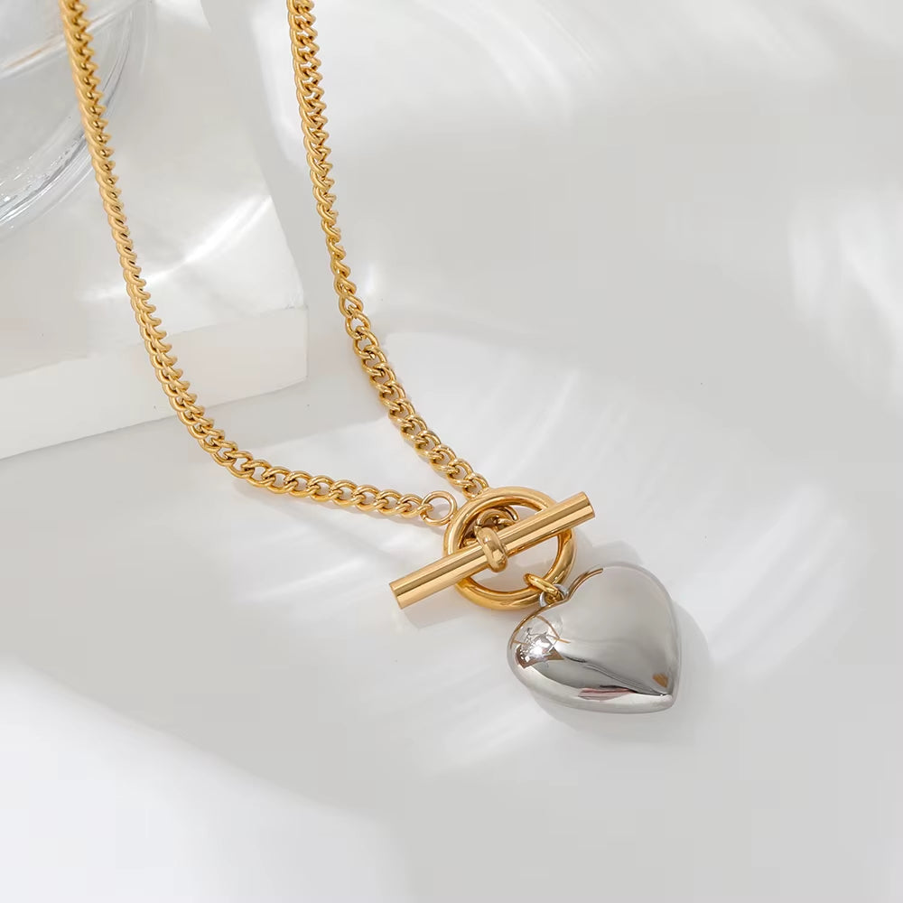 Joolim Jewelry 18K Gold Plated Stainless Steel Two-Tone Cuban Chain Heart Pendant Toggle Necklace Tarnish Free & Waterproof
