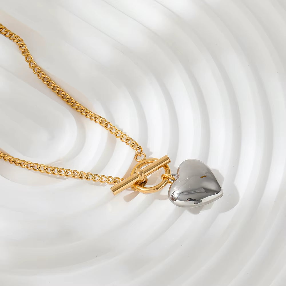 Joolim Jewelry 18K Gold Plated Stainless Steel Two-Tone Cuban Chain Heart Pendant Toggle Necklace Tarnish Free & Waterproof