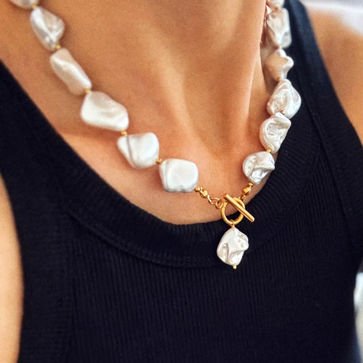 Joolim 18K Pvd Gold Plated Summer Beach Chunky Irregular Big Powder Pearl Stainless Steel Toggle Necklace Bracelet Set
