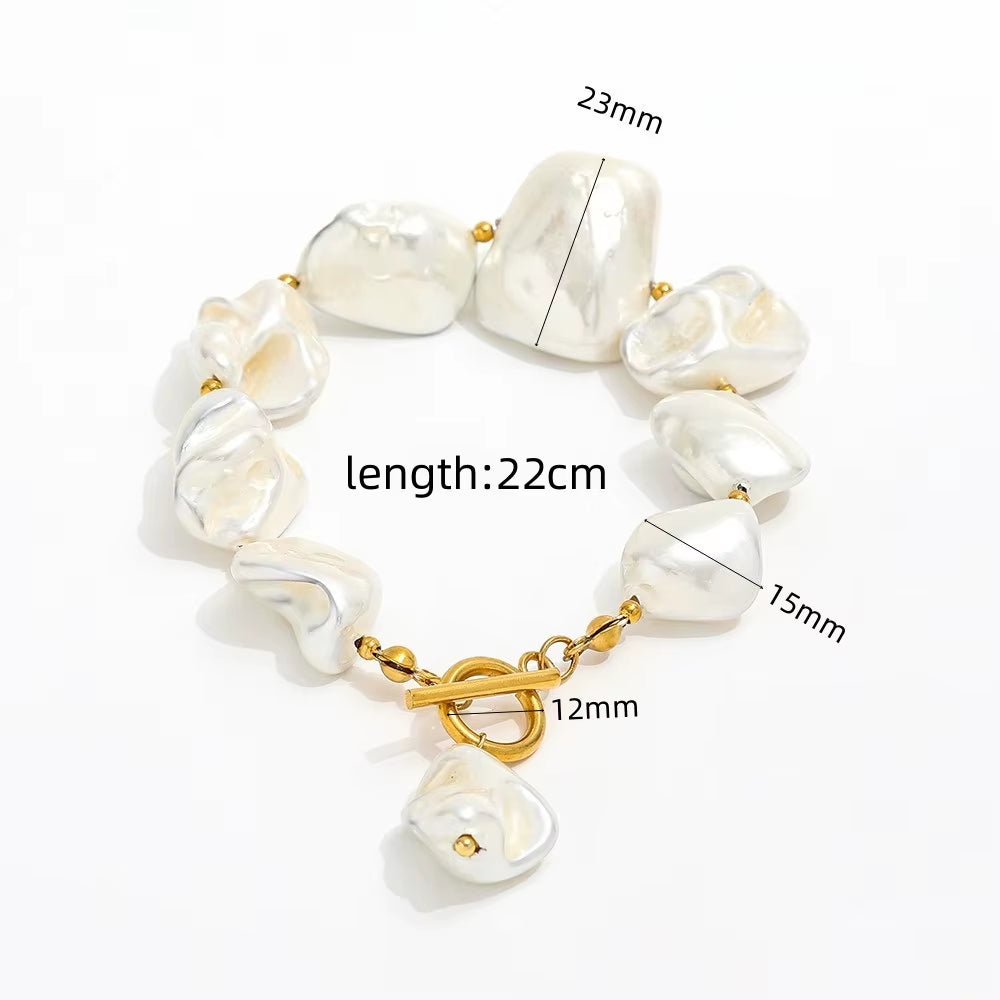 Joolim 18K Pvd Gold Plated Summer Beach Chunky Irregular Big Powder Pearl Stainless Steel Toggle Necklace Bracelet Set