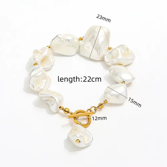 Joolim 18K Pvd Gold Plated Summer Beach Chunky Irregular Big Powder Pearl Stainless Steel Toggle Necklace Bracelet Set