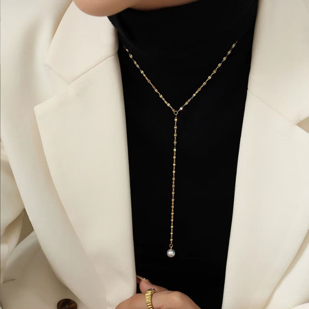 Emanco Elegant 14K Gold Plated Stainless Steel Lip Chain Necklace with Pearl and Diamond Hypoallergenic Y Shape for Women