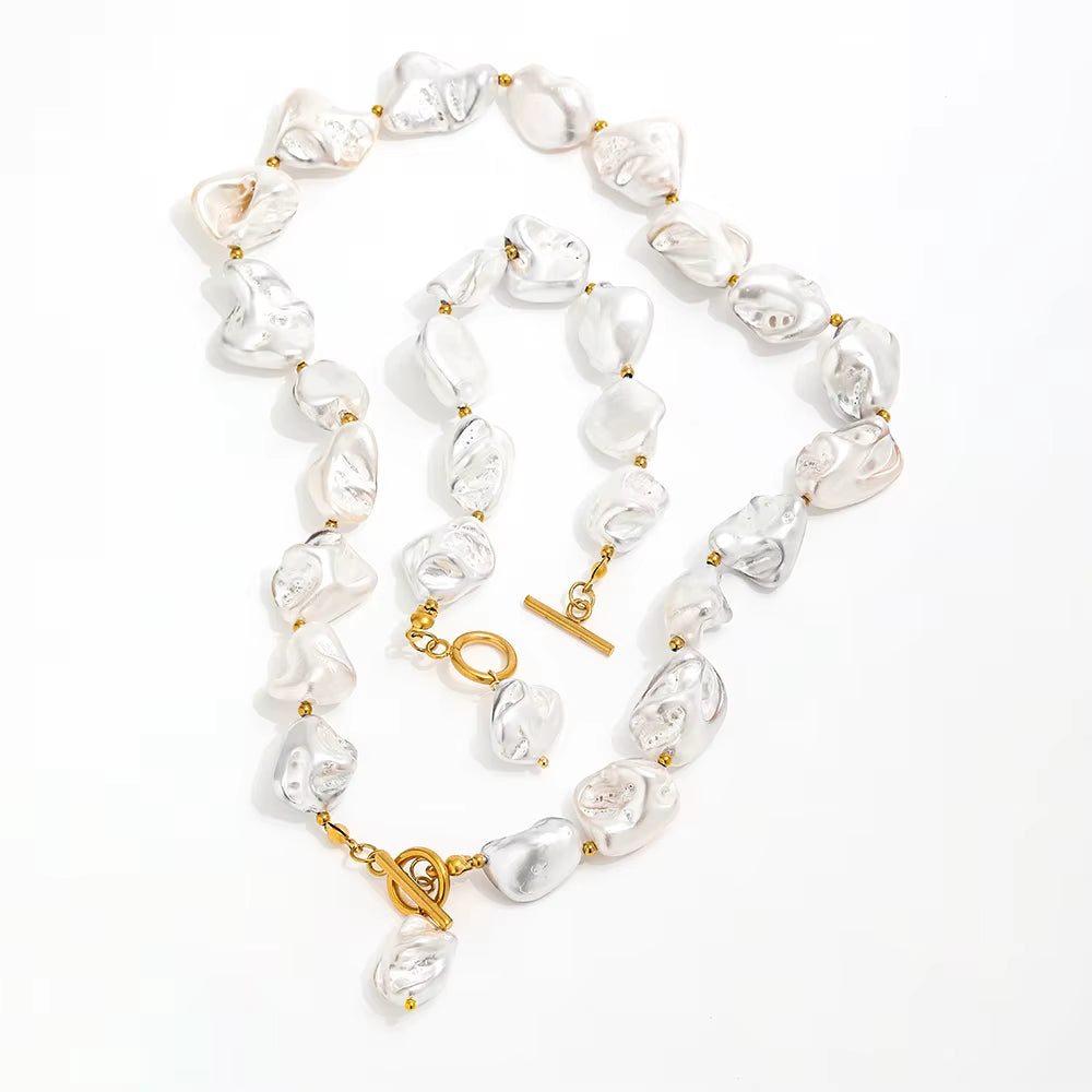 Joolim 18K Pvd Gold Plated Summer Beach Chunky Irregular Big Powder Pearl Stainless Steel Toggle Necklace Bracelet Set
