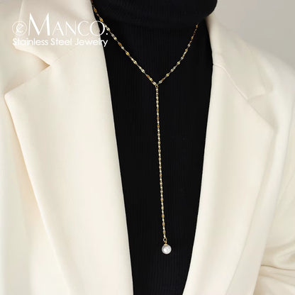 Emanco Elegant 14K Gold Plated Stainless Steel Lip Chain Necklace with Pearl and Diamond Hypoallergenic Y Shape for Women