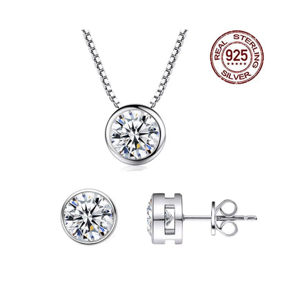 High Quality Beautiful Bezel Setting Cubic Zircon Necklace Earring 925 Sterling Silver Cute Fashion Jewelry Sets for Women Girl