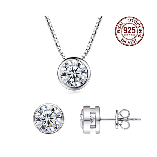 High Quality Beautiful Bezel Setting Cubic Zircon Necklace Earring 925 Sterling Silver Cute Fashion Jewelry Sets for Women Girl