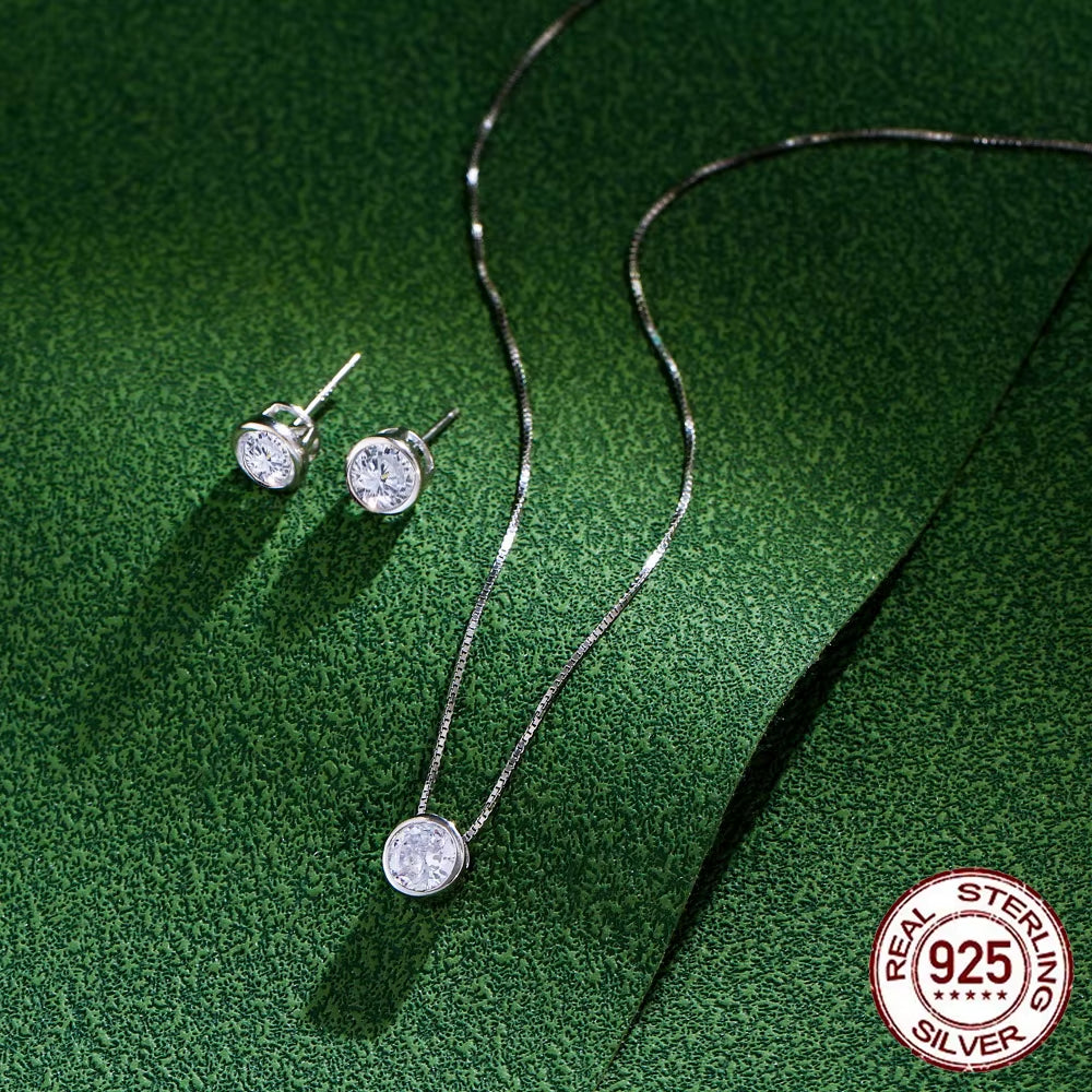 High Quality Beautiful Bezel Setting Cubic Zircon Necklace Earring 925 Sterling Silver Cute Fashion Jewelry Sets for Women Girl